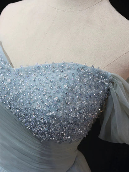 Dusty Blue Tulle Beaded Long Prom Dress, Off the Shoulder A-Line Evening Party Dress  TP253