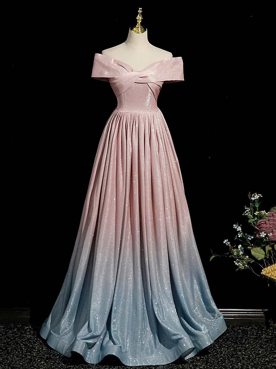 Pink Gradient Shiny Floor Length Prom Dress, Off Shoulder A-Line Evening Party Dress  TP254