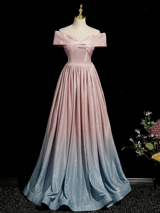 Pink Gradient Shiny Floor Length Prom Dress, Off Shoulder A-Line Evening Party Dress  TP254