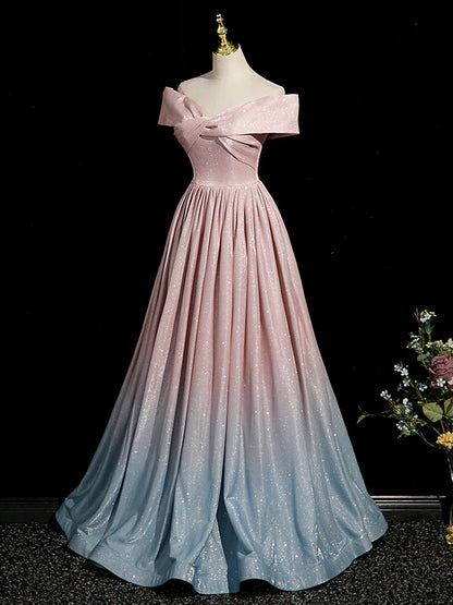 Pink Gradient Shiny Floor Length Prom Dress, Off Shoulder A-Line Evening Party Dress  TP254