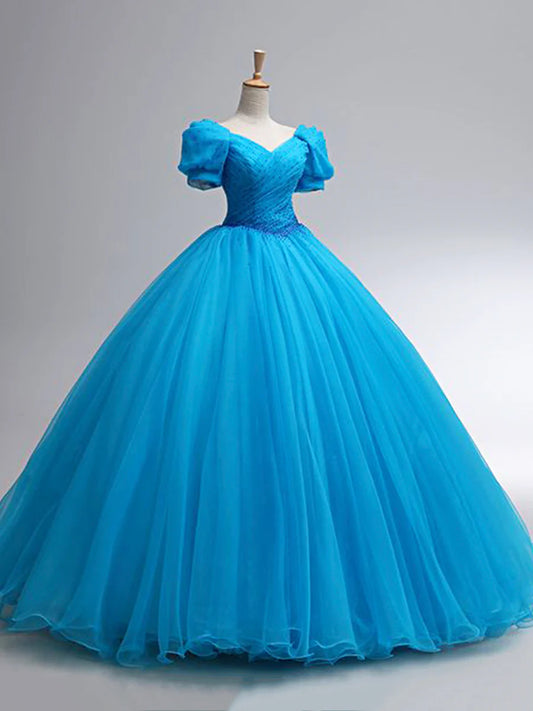 Beautiful Blue Rhinestone Floor Length Prom Dress, A-Line Short Sleeve Evening Dress  TP255