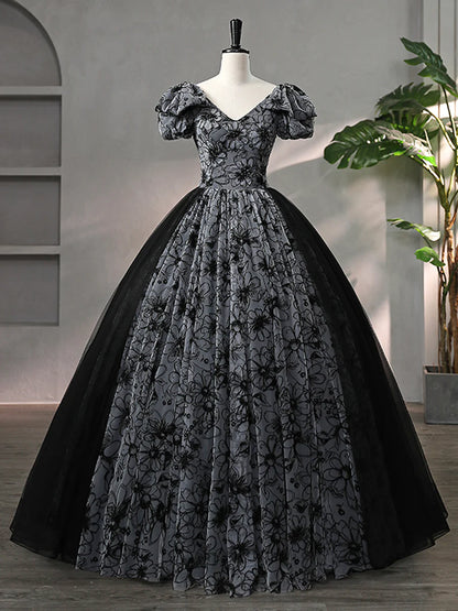 Beautiful Black Rhinestone Flower Prom Dress, Black V-Neck Short Sleeve Evening Dress  TP256