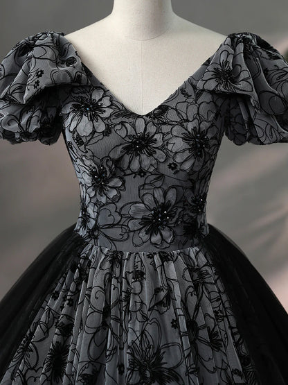 Beautiful Black Rhinestone Flower Prom Dress, Black V-Neck Short Sleeve Evening Dress  TP256