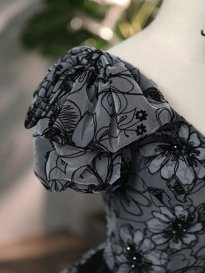Beautiful Black Rhinestone Flower Prom Dress, Black V-Neck Short Sleeve Evening Dress  TP256
