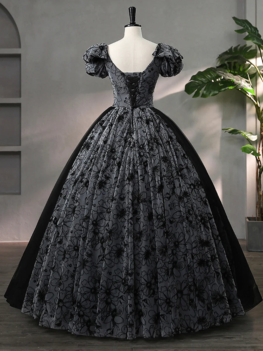 Beautiful Black Rhinestone Flower Prom Dress, Black V-Neck Short Sleeve Evening Dress  TP256