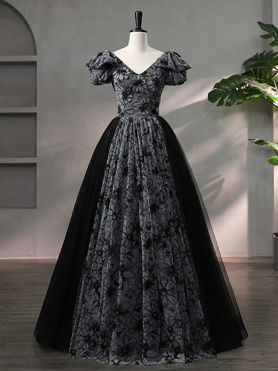 Beautiful Black Rhinestone Flower Prom Dress, Black V-Neck Short Sleeve Evening Dress  TP256