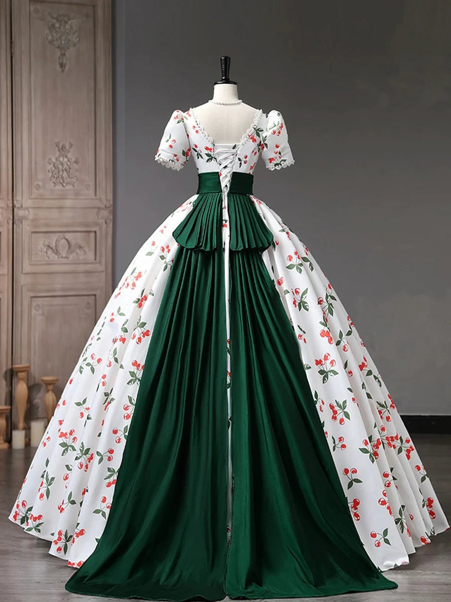 Beautiful Cherry Pattern Long Princess Prom Dress, White A-Line Short Sleeve Evening Party Dress  TP257