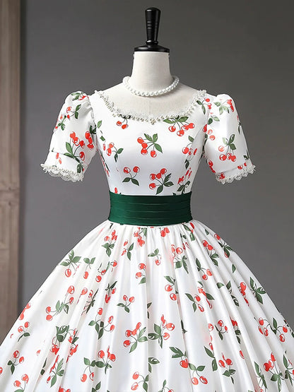 Beautiful Cherry Pattern Long Princess Prom Dress, White A-Line Short Sleeve Evening Party Dress  TP257