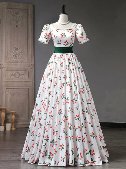 Beautiful Cherry Pattern Long Princess Prom Dress, White A-Line Short Sleeve Evening Party Dress  TP257