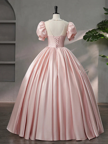 Beautiful Pink Scoop Neck Satin Floor Length Prom Dress, A-Line Short Sleeve Evening Dress with Bow  TP258