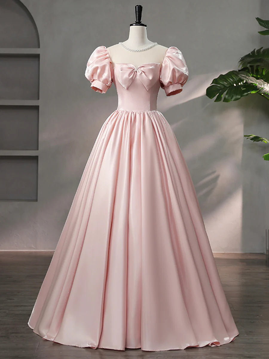 Beautiful Pink Scoop Neck Satin Floor Length Prom Dress, A-Line Short Sleeve Evening Dress with Bow  TP258