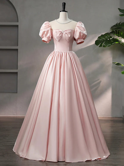 Beautiful Pink Scoop Neck Satin Floor Length Prom Dress, A-Line Short Sleeve Evening Dress with Bow  TP258