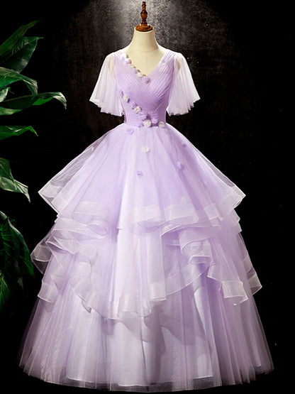 Fairy Purple Floral Floor Length Prom Dress, Beautiful V-Neck Party Birthday Dress  TP261