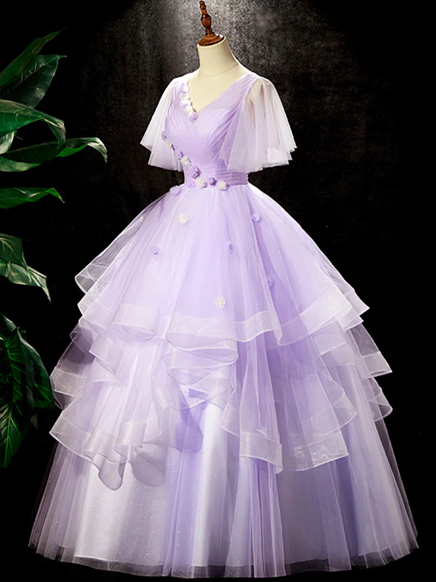 Fairy Purple Floral Floor Length Prom Dress, Beautiful V-Neck Party Birthday Dress  TP261