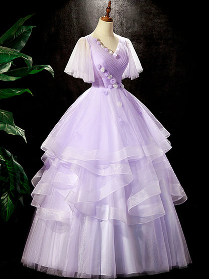 Fairy Purple Floral Floor Length Prom Dress, Beautiful V-Neck Party Birthday Dress  TP261