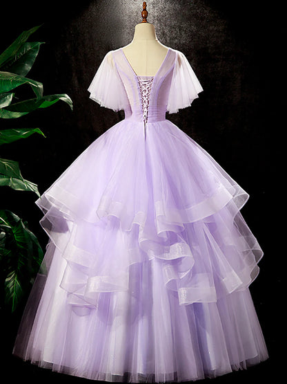 Fairy Purple Floral Floor Length Prom Dress, Beautiful V-Neck Party Birthday Dress  TP261