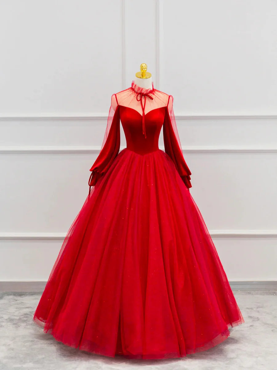 Red Velvet Tulle Floor Length Prom Dress, Beautiful Long Sleeve Evening Party Dress  TP263