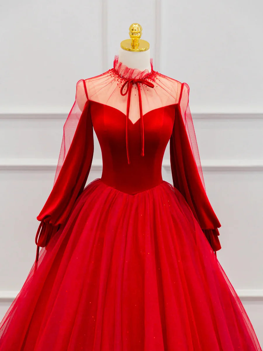 Red Velvet Tulle Floor Length Prom Dress, Beautiful Long Sleeve Evening Party Dress  TP263