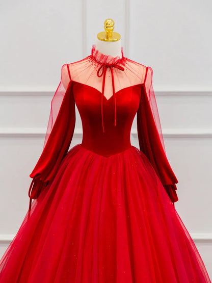 Red Velvet Tulle Floor Length Prom Dress, Beautiful Long Sleeve Evening Party Dress  TP263