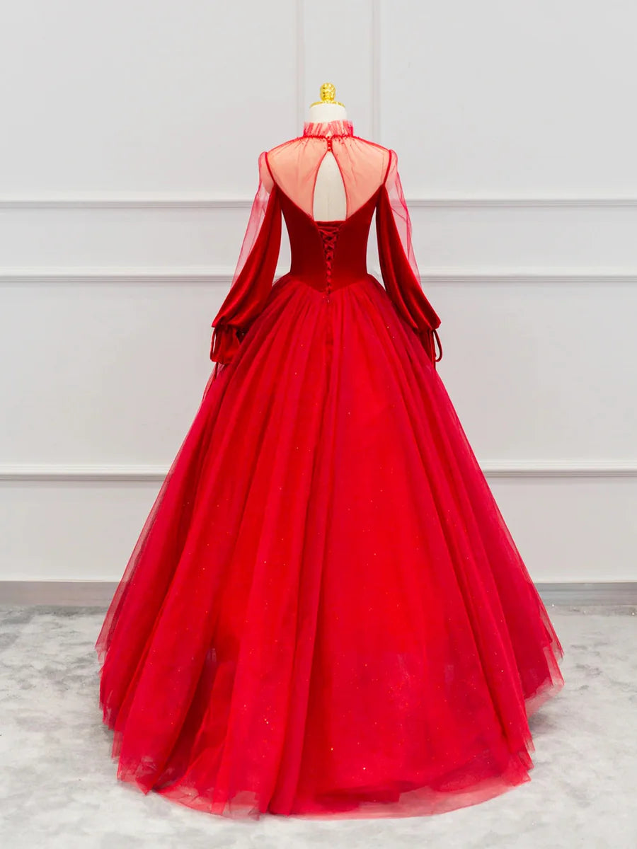 Red Velvet Tulle Floor Length Prom Dress, Beautiful Long Sleeve Evening Party Dress  TP263