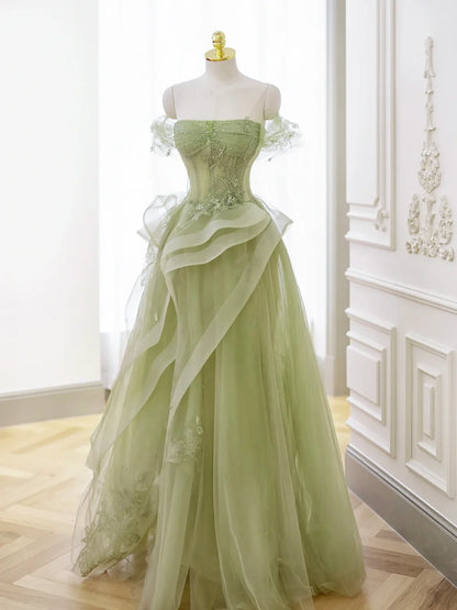 Green Tulle Long Floor Length Prom Dress, Beautiful A-Line Evening Party Dress with Lace  TP264