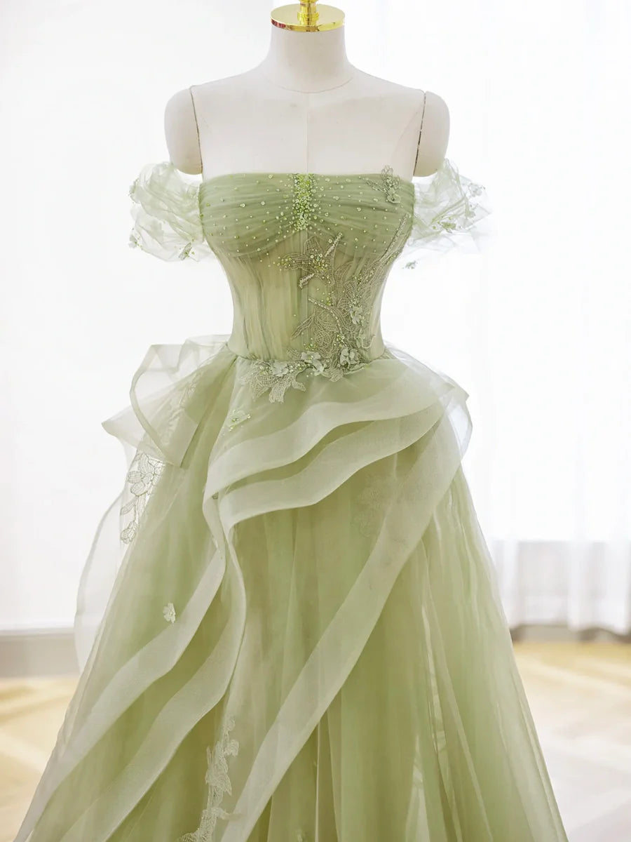 Green Tulle Long Floor Length Prom Dress, Beautiful A-Line Evening Party Dress with Lace  TP264