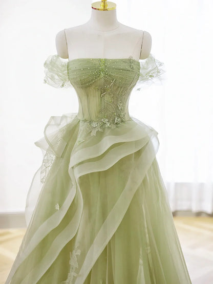 Green Tulle Long Floor Length Prom Dress, Beautiful A-Line Evening Party Dress with Lace  TP264
