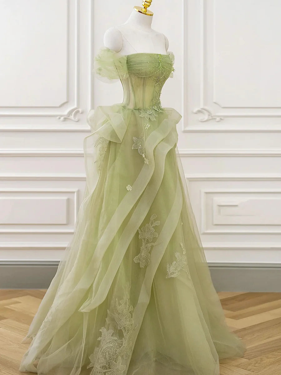 Green Tulle Long Floor Length Prom Dress, Beautiful A-Line Evening Party Dress with Lace  TP264