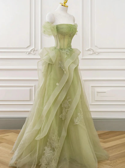 Green Tulle Long Floor Length Prom Dress, Beautiful A-Line Evening Party Dress with Lace  TP264