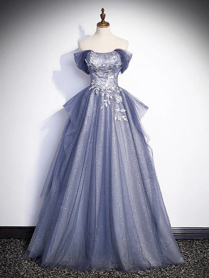 Charming Tulle Sequins A-Line Prom Dresses, Off the Shoulder Floor-Length Formal Dresses  TP265
