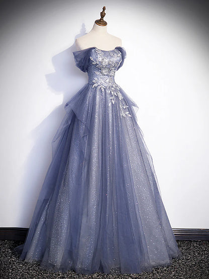 Charming Tulle Sequins A-Line Prom Dresses, Off the Shoulder Floor-Length Formal Dresses  TP265