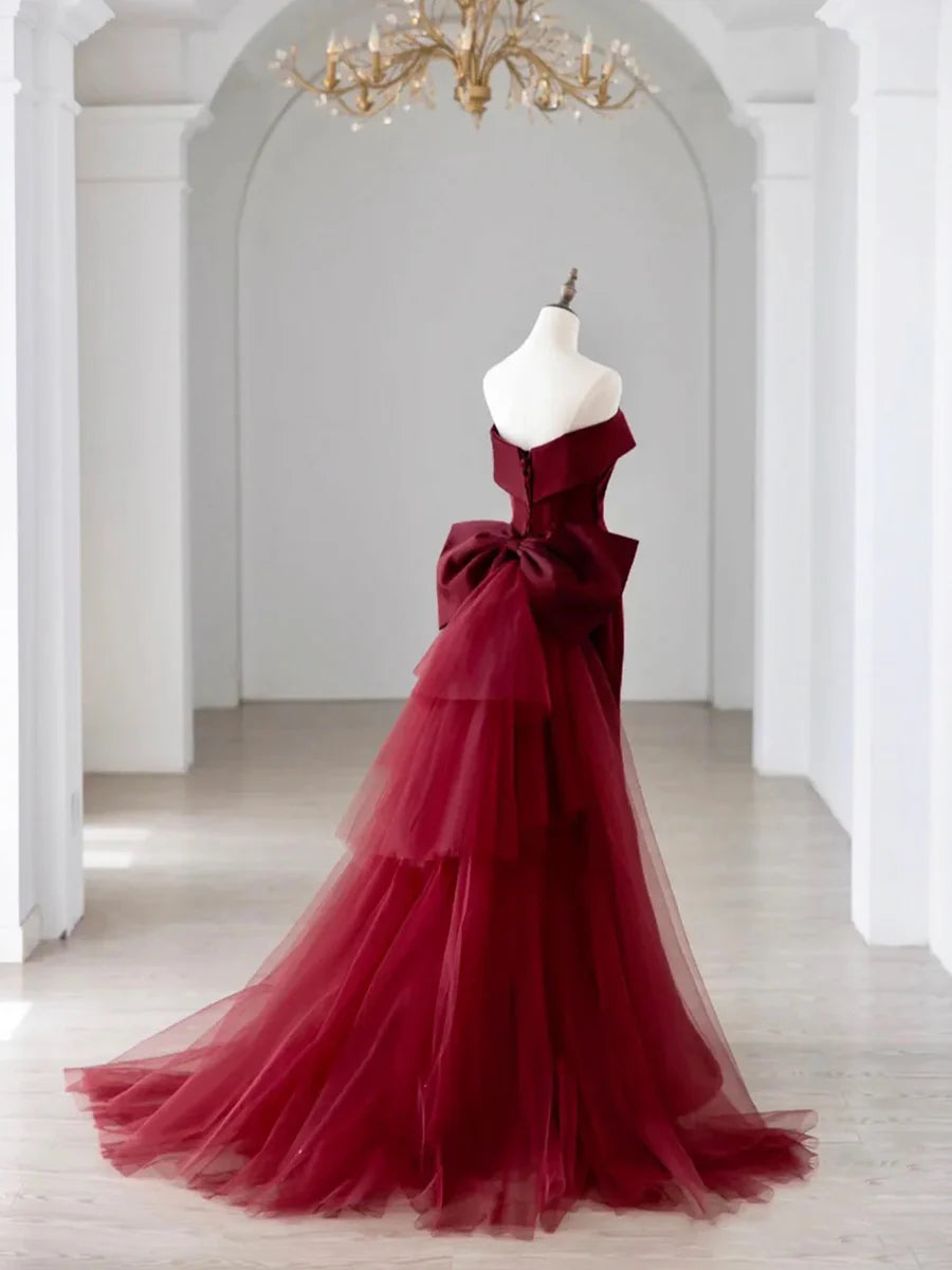 Off the Shoulder Floor Length Satin Prom Dress, Mermaid V-Neck Evening Party Dress  TP268