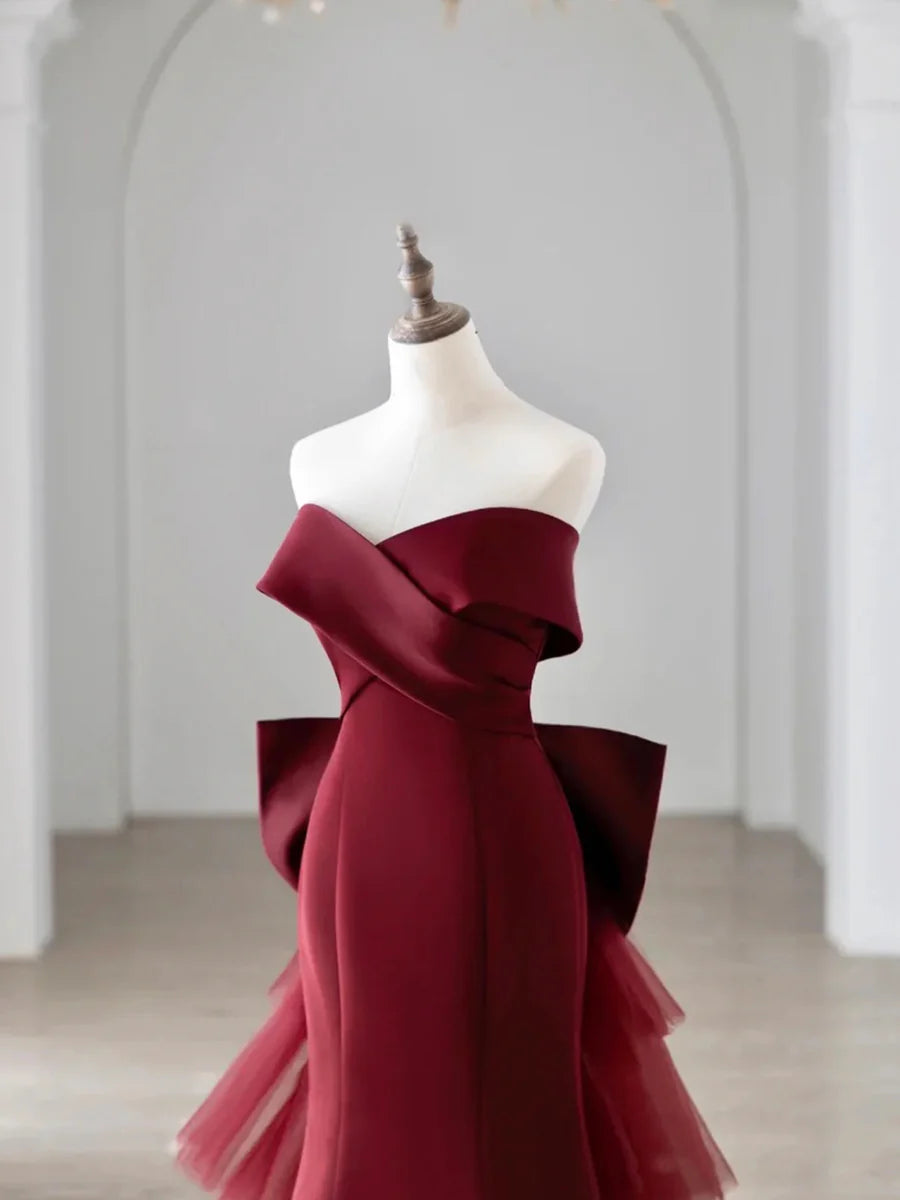 Off the Shoulder Floor Length Satin Prom Dress, Mermaid V-Neck Evening Party Dress  TP268