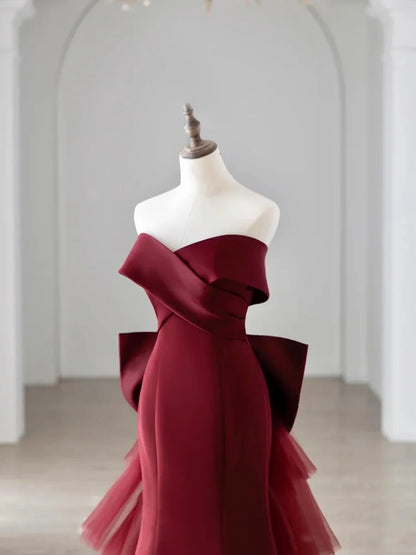 Off the Shoulder Floor Length Satin Prom Dress, Mermaid V-Neck Evening Party Dress  TP268