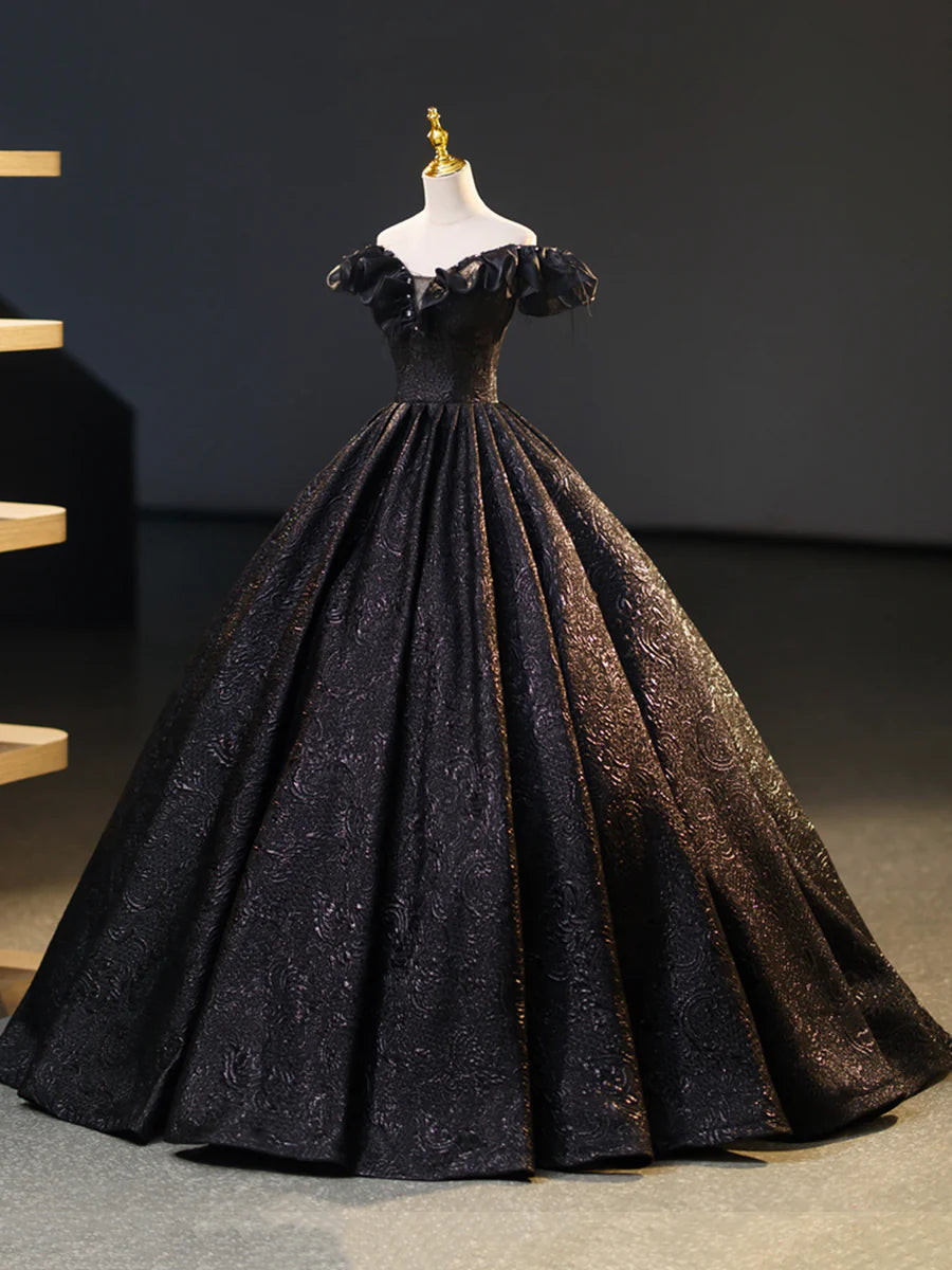 Black V-Neck Floor Length Formal Dress, A-Line Off the Shoulder Evening Party Dress  TP269