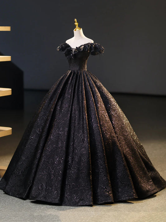Black V-Neck Floor Length Formal Dress, A-Line Off the Shoulder Evening Party Dress  TP269