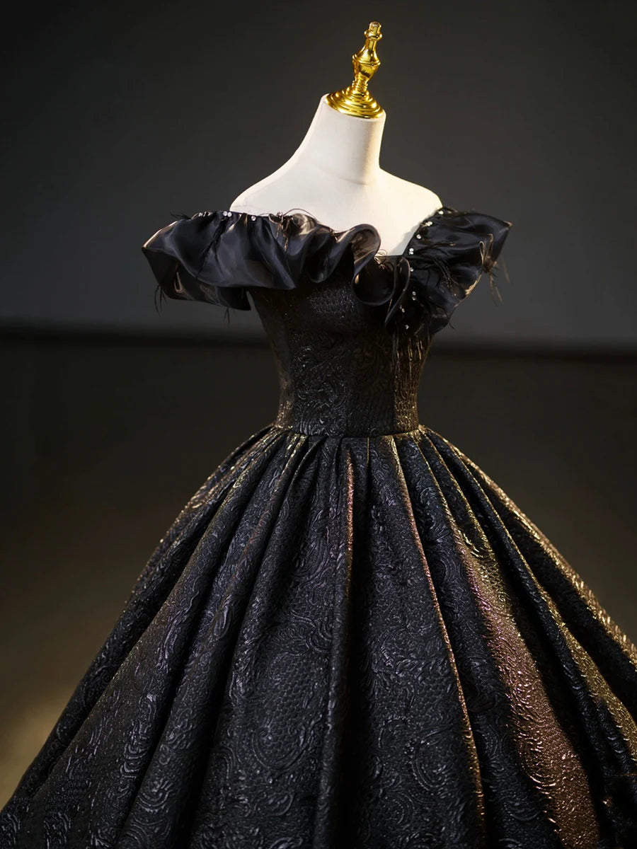 Black V-Neck Floor Length Formal Dress, A-Line Off the Shoulder Evening Party Dress  TP269