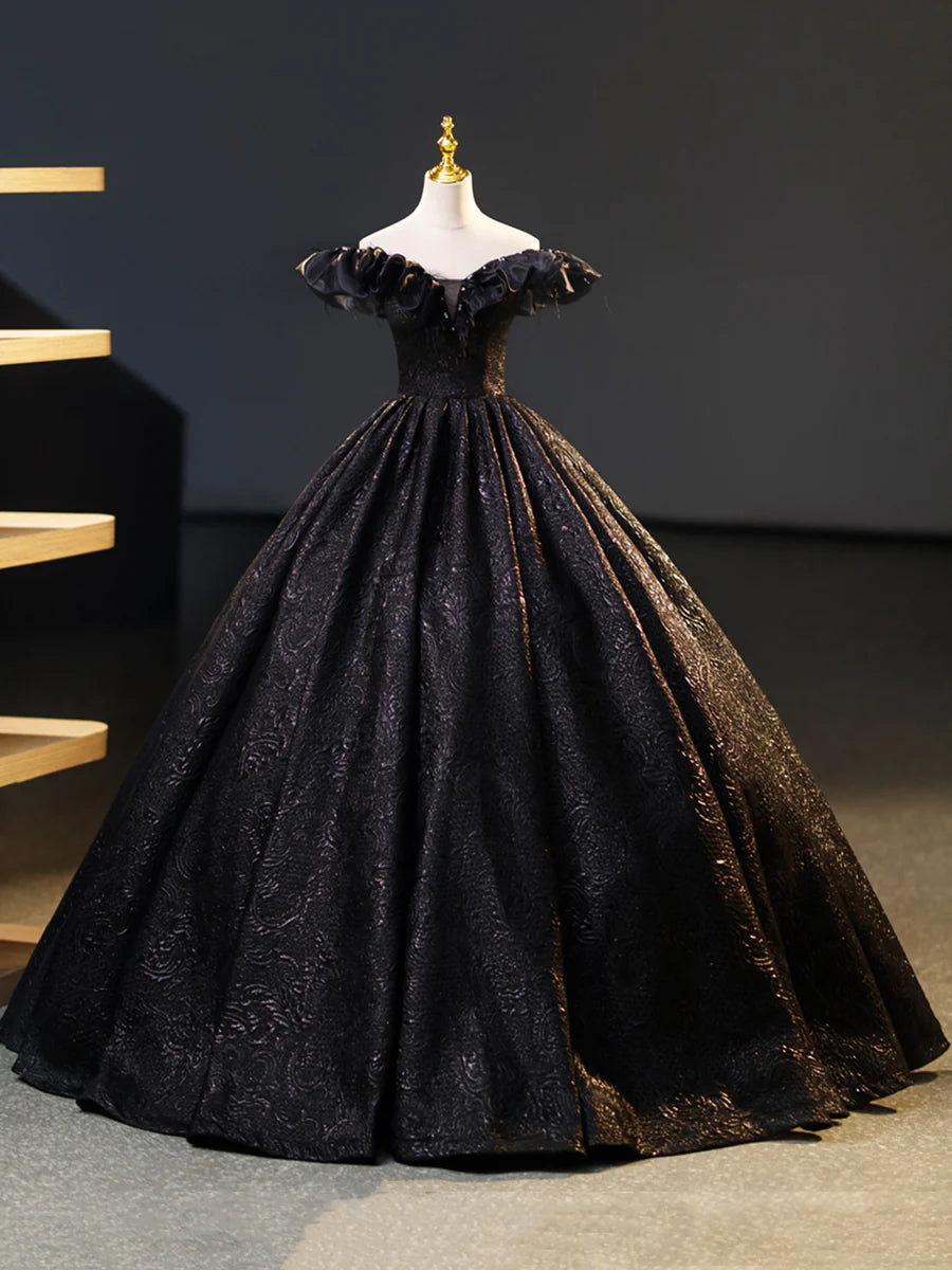 Black V-Neck Floor Length Formal Dress, A-Line Off the Shoulder Evening Party Dress  TP269