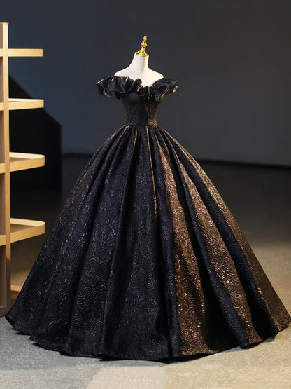 Black V-Neck Floor Length Formal Dress, A-Line Off the Shoulder Evening Party Dress  TP269