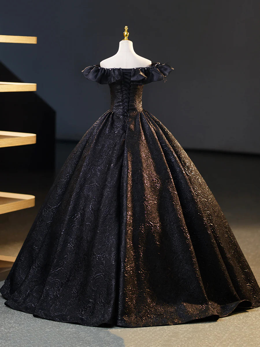 Black V-Neck Floor Length Formal Dress, A-Line Off the Shoulder Evening Party Dress  TP269