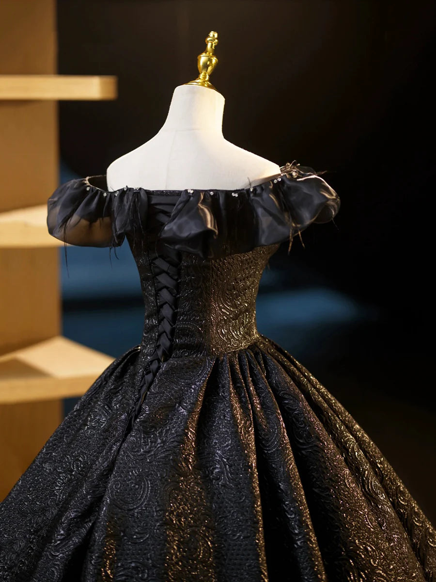 Black V-Neck Floor Length Formal Dress, A-Line Off the Shoulder Evening Party Dress  TP269
