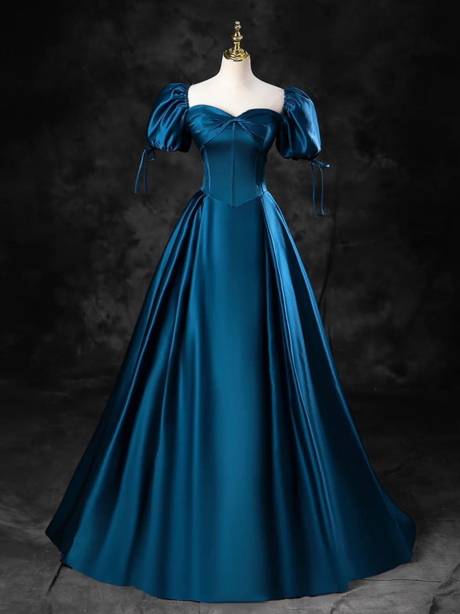 Blue Satin Off the Shoulder Floor Length Prom Dress, Blue A-Line Party Dress  TP271