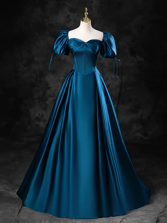 Blue Satin Off the Shoulder Floor Length Prom Dress, Blue A-Line Party Dress  TP271