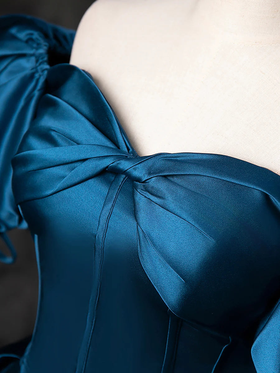 Blue Satin Off the Shoulder Floor Length Prom Dress, Blue A-Line Party Dress  TP271