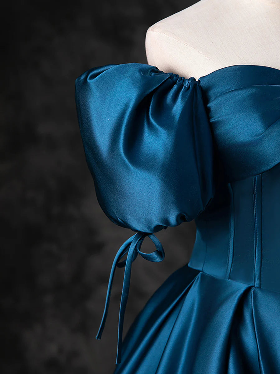 Blue Satin Off the Shoulder Floor Length Prom Dress, Blue A-Line Party Dress  TP271