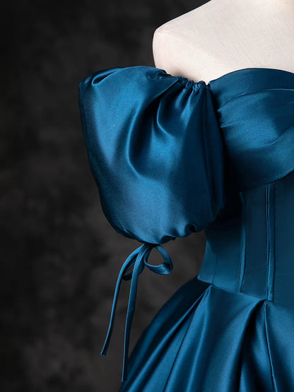 Blue Satin Off the Shoulder Floor Length Prom Dress, Blue A-Line Party Dress  TP271