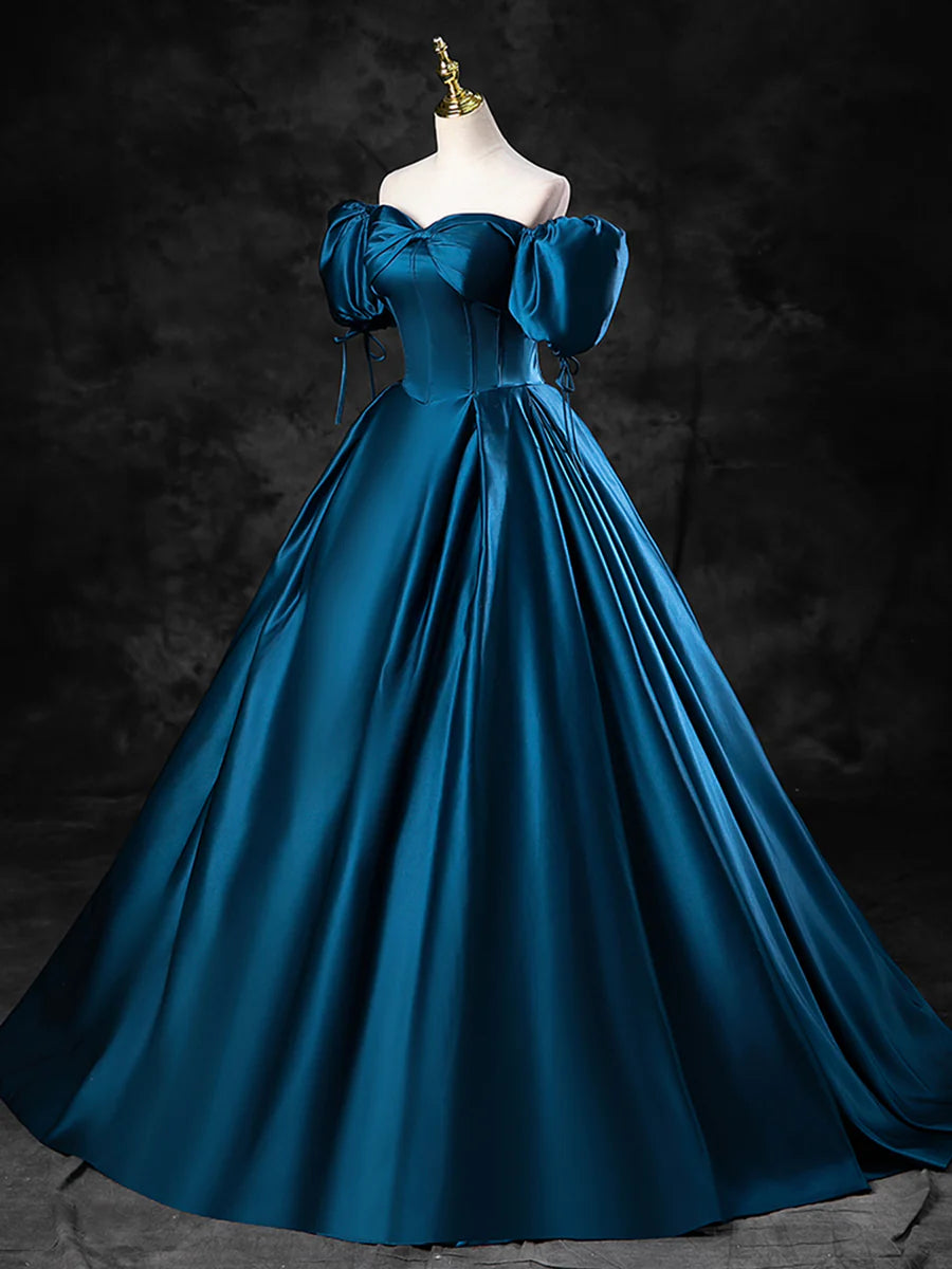 Blue Satin Off the Shoulder Floor Length Prom Dress, Blue A-Line Party Dress  TP271