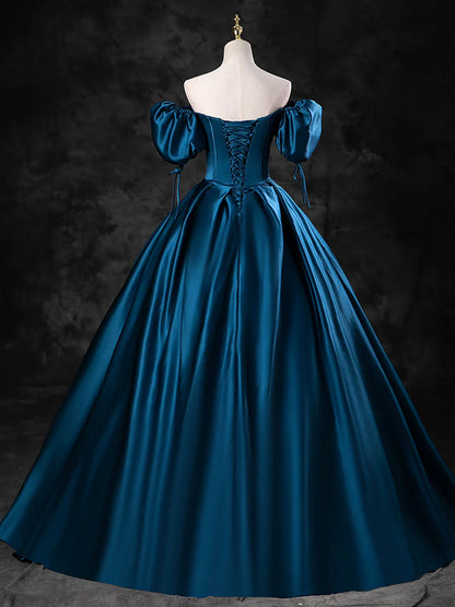 Blue Satin Off the Shoulder Floor Length Prom Dress, Blue A-Line Party Dress  TP271