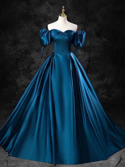 Blue Satin Off the Shoulder Floor Length Prom Dress, Blue A-Line Party Dress  TP271