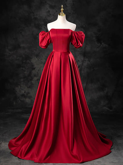 Burgundy Satin Off the Shoulder Formal Dress, A-Line Burgundy Evening Dress  TP272